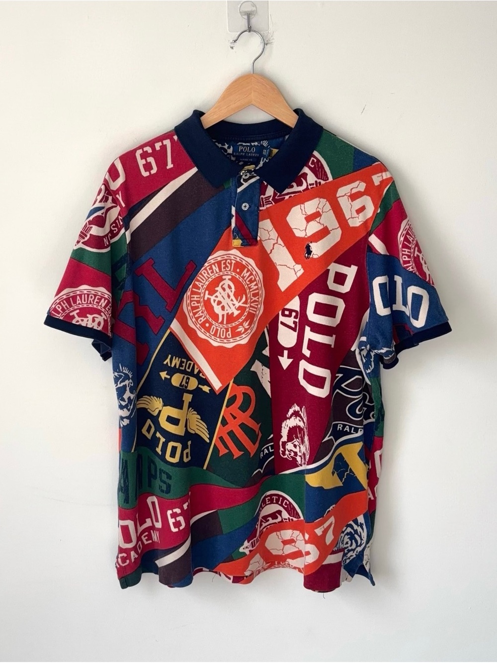 Polo Ralph Lauren Pennant Mesh Polo Shirt Sz XXL Multicolor AOP Graphic Varsity